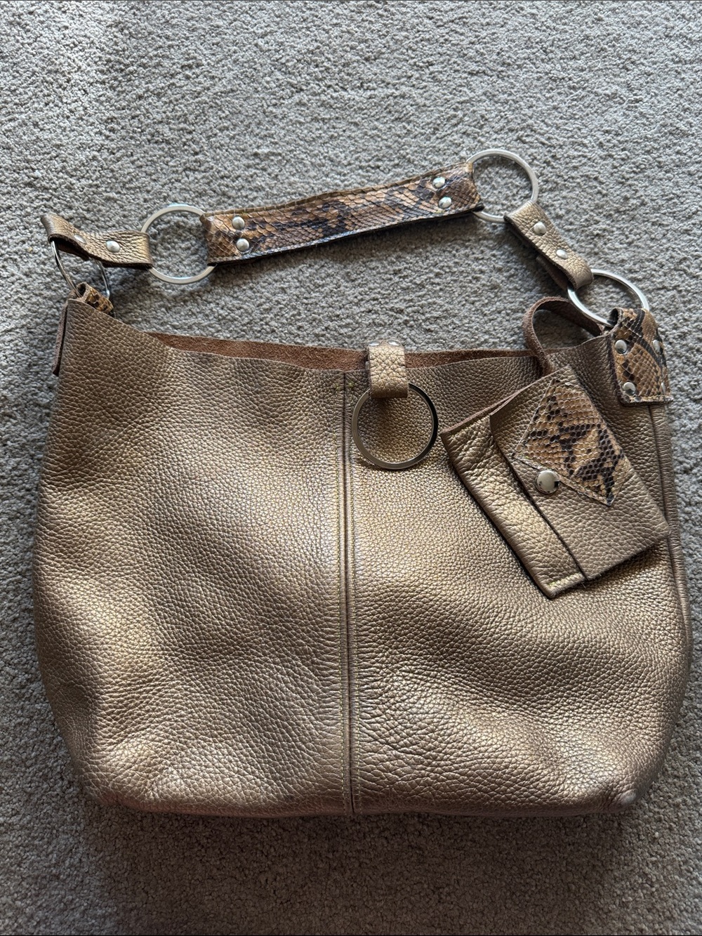Metallic Gold Pebbled Leather Hobo Bag with Snake-Print Accents